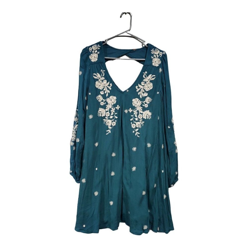 Free People Women's Turquoise Embroidered Long-Sleeved Keyhole A-line Dr…
